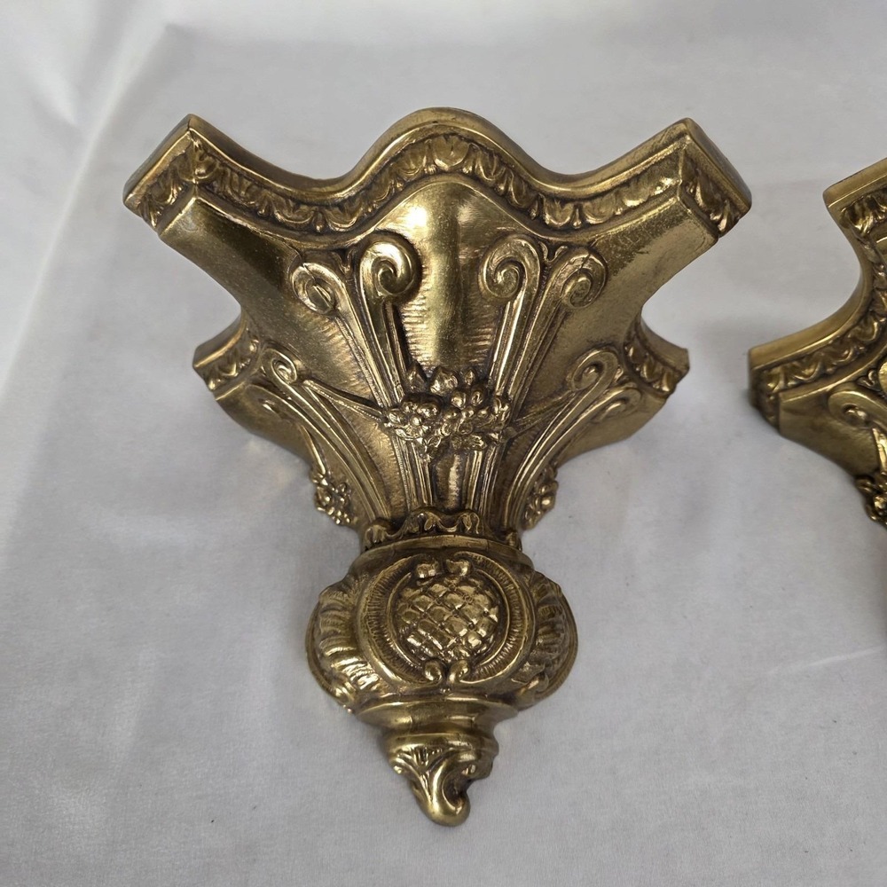 Pair of 2 Vintage Ornate Gilded Brass Wall Sconce Shelves MCM Hollywood Regency - Picture 3 of 14